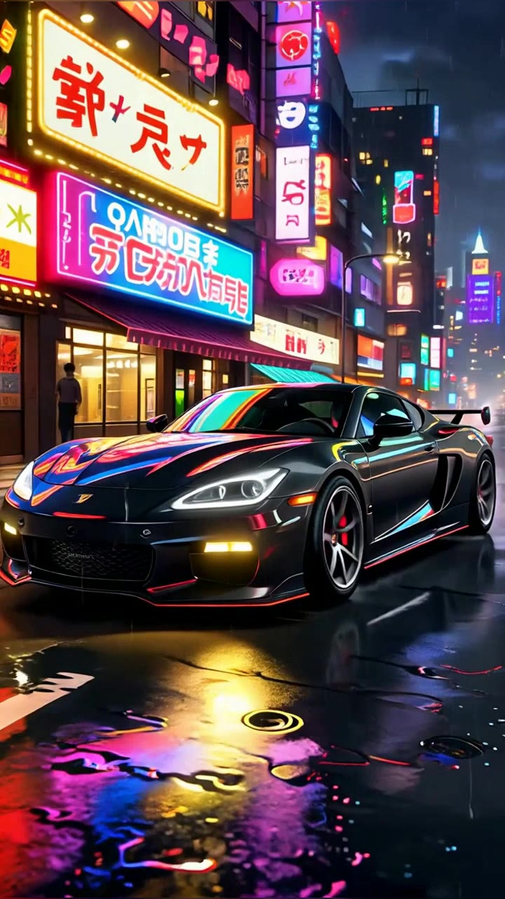 An 8-second cinematic anime street-racing sequence through a neon-lit Tokyo-inspired city at midnight.