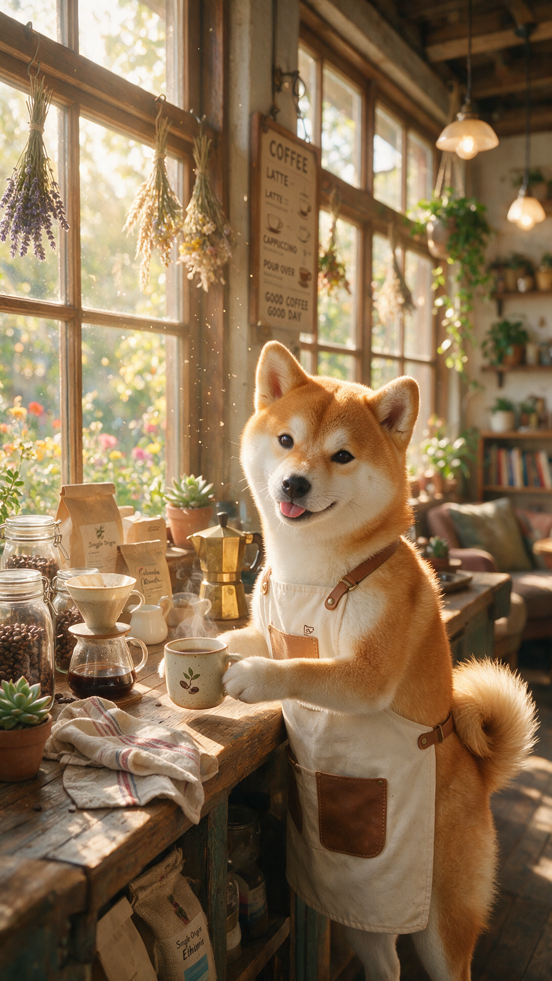 Cute shiba inu wearing a small barista apron, sta...