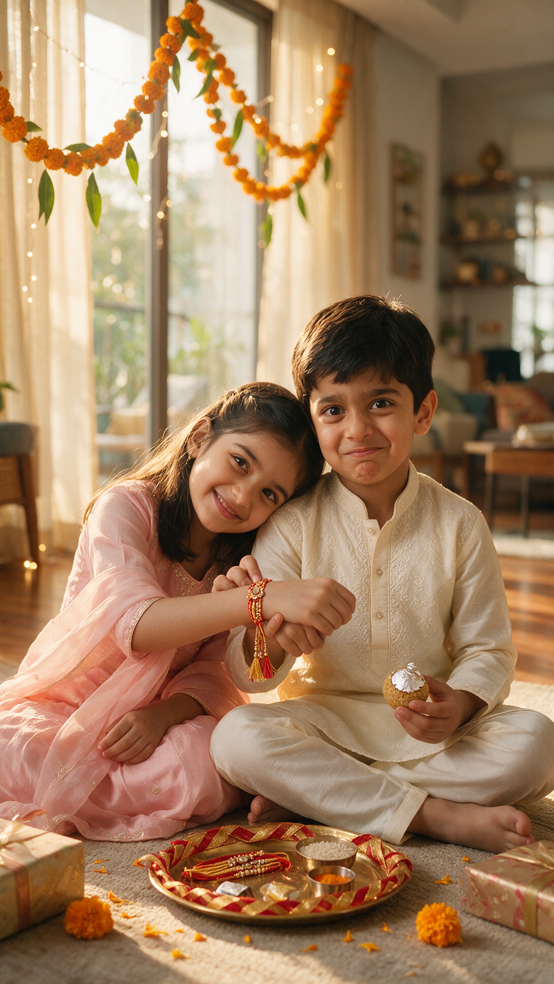 Create a heartwarming hyper-realistic 9:16 Raksha...
