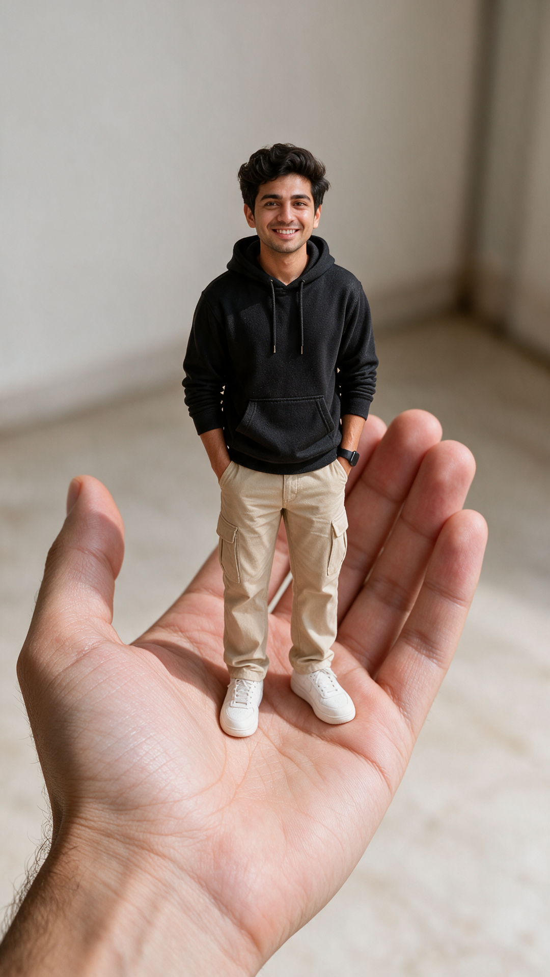 A giant close-up hand holding the tiny person